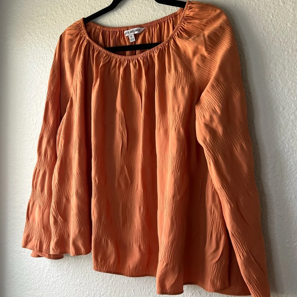 Elizabeth and James Off The Shoulder Boho Oversize Rust Orange Blouse Size M. - Picture 5 of 11